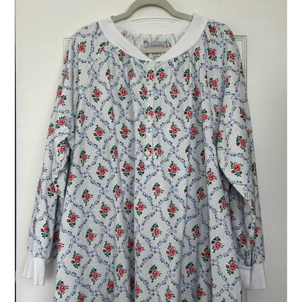 Lanz of Salzburg Flannel Rose Ribbon Trellis Nightgown Womens Sz 1X Cottagecore